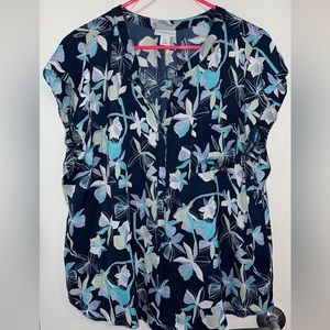 Liz Claiborne Floral V Neck Blouse - Navy